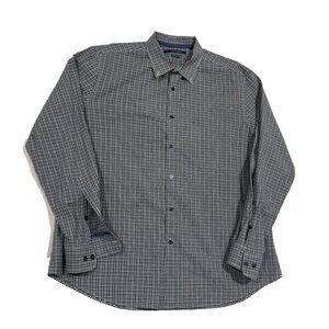 Perry Ellis Stretch Dress Shirt Men XL Gray Blue Plaid Classic Long Sleeve